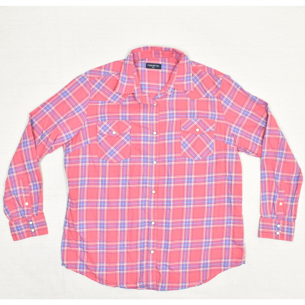 Pashartuk Women's Polyester Pink Size 2XL Pearl Snap Shirt Top Plaid Long Sleeve